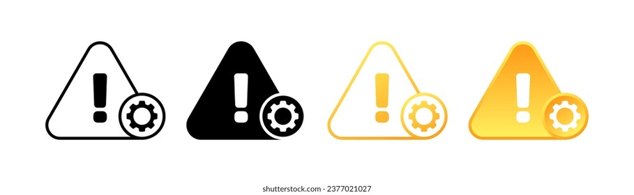 Iconos de advertencia con engranaje. Distintos estilos, colores, ajustes de advertencia. Iconos del vector
