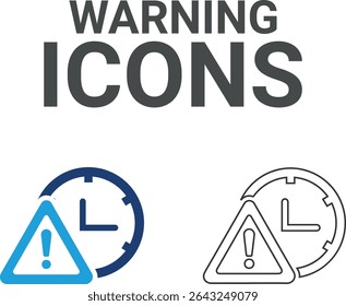 Warning icons, Line art icons, Timer, alarm, schedule, hourglass, and clock icons. Solid icon collection.