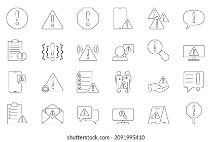 Warning Icons Line Set. Contains Such Icons As Alert, Exclamation Point, Warning Sign, Danger Alert And More. Vector Illustration Isolated On A White Background. Editable Stroke