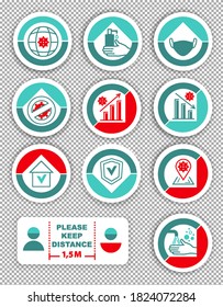 Warning icons on transparent background.. Keep distance between people. Do not sit here. Keep safe distance.