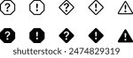 Warning icons outline set. Notification, hexagon alert, danger, Security and protection. Attention danger sign Caution error Exclamation mark, Question Mark, Safety Notice Icon editable collection