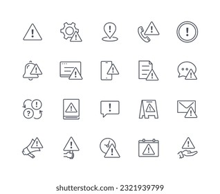 Warning icons outline set. Notification and announcement, alert. Internet danger. Security and protection. Interface for software. Linear flat vector collection isolated on white background