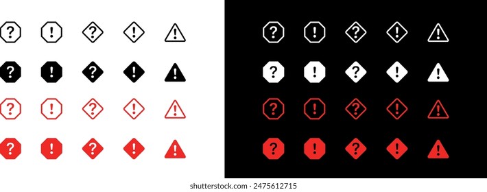 Iconos de advertencia conjunto de esquema Notificación, alerta hexagonal, peligro, Seguridad y protección. Signo de peligro de atención Error de precaución Signo de exclamación, signo de interrogación, icono de aviso de seguridad en blanco y negro