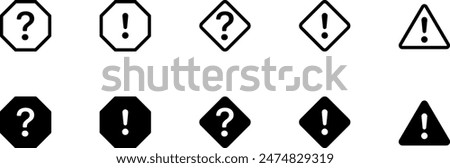 Warning icons outline set. Notification, hexagon alert, danger, Security and protection. Attention danger sign Caution error Exclamation mark, Question Mark, Safety Notice Icon editable collection