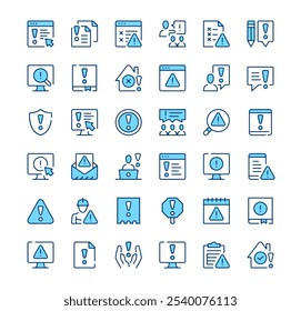 Warning icons. Outline symbols. Vector blue line icons set