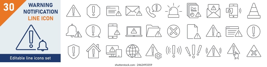 Warning icons Pixel perfect. Warning icon set. Set of 30 outline icons related to warning, alarm, nothification, time. Linear icon collection. Editable stroke. Vector illustration.