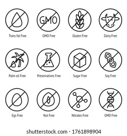 Warning icons for products. Signs inform about the absence of sugar, gluten, preservatives, dairy products. GMO free. Non genetically modified foods. Vector set of linear icons on white background.