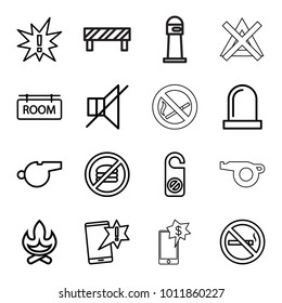 Warning icons. set of 16 editable outline warning icons such as do not disturb, bonfire, important message, no fast food, no smoking, exclamation, room tag, siren, whistle