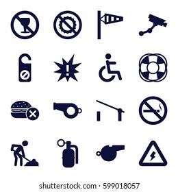 warning icons set. Set of 16 warning filled icons such as barrier, wind cone, no fast food, Security camera, do not disturb, digging man, no smoking, disabled, fan