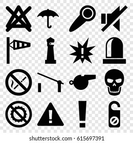 Warning icons set. set of 16 warning filled icons such as barrier, wind cone, lighthouse, do not disturb, no bleaching, keep dry cargo, no brightness, no sound, siren, whistle