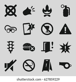 Warning icons set. set of 16 warning filled icons such as no smoking, no fast food, wet floor, welding glasses, traffic light, siren, dynamite, exclamation, bonfire