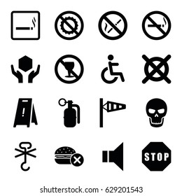 Warning icons set. set of 16 warning filled icons such as smoking area, no smoking, wind cone, no fast food, wet floor, disabled, handle with care, megaphone, stop, dynamite