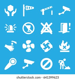 Warning icons set. set of 16 warning filled icons such as wind cone, siren, security camera, no bleaching, digging man, no alcohol, hands washing, handle with care, no fire
