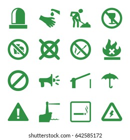 Warning icons set. set of 16 warning filled icons such as smoking area, no dry cleaning, digging man, no alcohol, hands washing, keep dry cargo, prohibited, barrier, siren