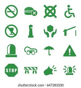 Warning icons set. set of 16 warning filled icons such as lighthouse, no fast food, siren, no dry cleaning, barrier, welding glasses, disabled, keep dry cargo