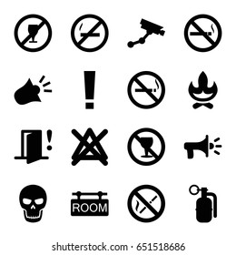 Warning icons set. set of 16 warning filled icons such as no smoking, security camera, no bleaching, room tag, siren, door warning, megaphone, dynamite, skull, bonfire