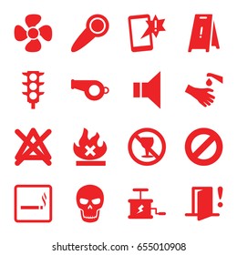 Warning icons set. set of 16 warning filled icons such as smoking area, wet floor, no bleaching, no alcohol, hands washing, no fire, fan, traffic light, megaphone