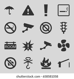 Warning icons set. set of 16 warning filled icons such as smoking area, security camera, no smoking, keep dry cargo, no fire, fan, traffic light, room tag, barrier