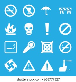 Warning icons set. set of 16 warning filled icons such as smoking area, no dry cleaning, barrier, no smoking, no alcohol, keep dry cargo, warning, prohibited, lighthouse