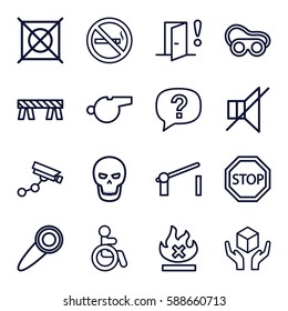 warning icons set. Set of 16 warning outline icons such as disabled, Security camera, no dry cleaning, barrier, welding glasses, no smoking, handle with care, no fire