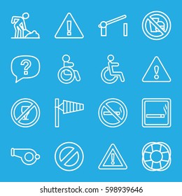 warning icons set. Set of 16 warning outline icons such as smoking area, disabled, wind cone, digging man, no smoking, warning, fan, barrier, no fast food, exclamation