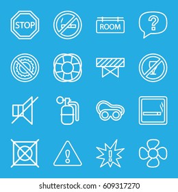 Warning icons set. set of 16 warning outline icons such as smoking area, barrier, no dry cleaning, welding glasses, no brightness, fan, room tag, stop, warning, dynamite