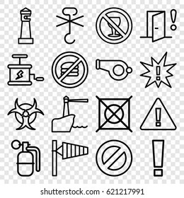 Warning icons set. set of 16 warning outline icons such as wind cone, lighthouse, no dry cleaning, no alcohol, dynamite, hazzard, exclamation, prohibited, exclamation point