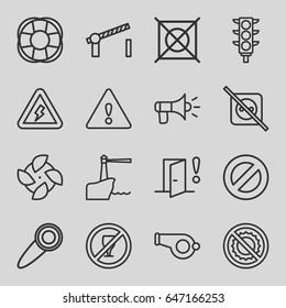Warning icons set. set of 16 warning outline icons such as no dry cleaning, no brightness, fan, traffic light, road barrier, door knob, megaphone, lighthouse, prohibited