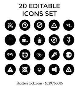 Warning icons. set of 20 editable filled warning icons such as no dry cleaning, welding glasses, no drink, fan, traffic light. best quality warning elements in trendy style.
