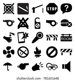 Warning icons. set of 25 editable filled warning icons such as no fast food, no bleaching, barrier, welding glasses, important message, whistle, hands washing, exclamation