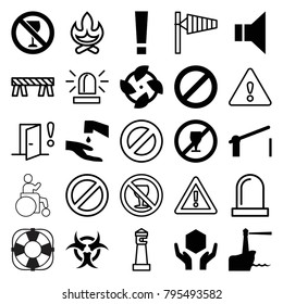 Warning icons. set of 25 editable filled and outline warning icons such as fan, no drink, handle with care, prohibited, megaphone, exclamation point, barrier, lighthouse