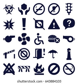 Warning icons set. set of 25 warning filled icons such as no smoking, lighthouse, no fast food, barrier, disabled, keep dry cargo, handle with care, fan, traffic light