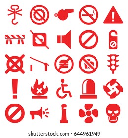Warning icons set. set of 25 warning filled icons such as barrier, lighthouse, do not disturb, no dry cleaning, no smoking, disabled, fan, traffic light, prohibited, megaphone