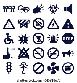 Warning icons set. set of 25 warning filled icons such as no smoking, disabled, barrier, siren, no bleaching, welding glasses, fan, traffic light, prohibited, megaphone, stop