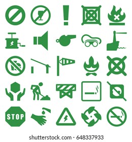 Warning icons set. set of 25 warning filled icons such as barrier, smoking area, no smoking, wind cone, no dry cleaning, welding glasses, digging man, hands washing