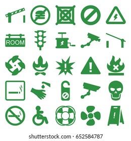 Warning icons set. set of 25 warning filled icons such as barrier, smoking area, disabled, security camera, do not disturb, wet floor, no dry cleaning, no smoking