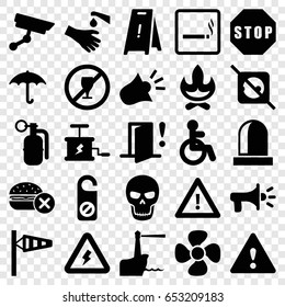 Warning icons set. set of 25 warning filled icons such as smoking area, disabled, wind cone, no fast food, do not disturb, wet floor, hands washing, keep dry cargo, fan, siren