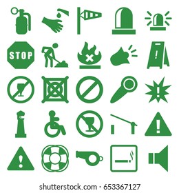 Warning icons set. set of 25 warning filled icons such as barrier, smoking area, disabled, wind cone, lighthouse, siren, wet floor, no dry cleaning, digging man, no alcohol