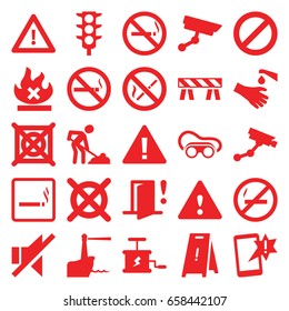 Warning icons set. set of 25 warning filled icons such as smoking area, no smoking, security camera, wet floor, no dry cleaning, barrier, welding glasses, digging man