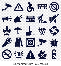 Warning icons set. set of 25 warning filled icons such as disabled, siren, security camera, do not disturb, wet floor, no dry cleaning, barrier, digging man, no smoking