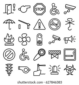 Warning icons set. set of 25 warning outline icons such as barrier, smoking area, disabled, siren, Security camera, do not disturb, no smoking, keep dry cargo, no fire, fan