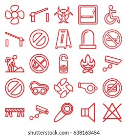 Warning icons set. set of 25 warning outline icons such as barrier, smoking area, no smoking, security camera, do not disturb, wet floor, no bleaching, welding glasses