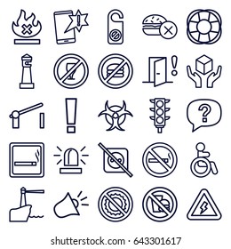 Warning icons set. set of 25 warning outline icons such as smoking area, disabled, lighthouse, no fast food, siren, do not disturb, no smoking, handle with care, fan