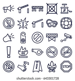 Warning icons set. set of 25 warning outline icons such as barrier, security camera, do not disturb, wet floor, no dry cleaning, welding glasses, no smoking, hands washing
