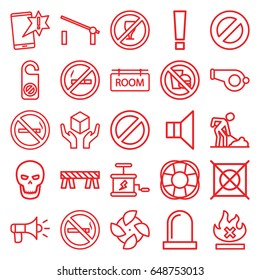 Warning icons set. set of 25 warning outline icons such as barrier, no smoking, do not disturb, no dry cleaning, digging man, handle with care, fan, prohibited, megaphone