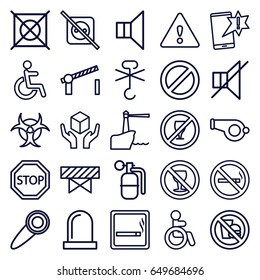 Warning icons set. set of 25 warning outline icons such as smoking area, no smoking, disabled, barrier, no dry cleaning, no alcohol, handle with care, prohibited, megaphone