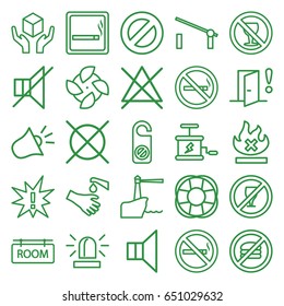 Warning icons set. set of 25 warning outline icons such as barrier, smoking area, no smoking, siren, do not disturb, no bleaching, hands washing, handle with care, fan