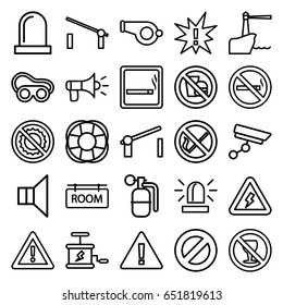Warning icons set. set of 25 warning outline icons such as barrier, smoking area, siren, welding glasses, no smoking, no alcohol, fan, megaphone, room tag, security camera