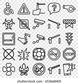 Warning icons set. set of 25 warning outline icons such as barrier, smoking area, disabled, security camera, no dry cleaning, no smoking, hands washing, warning, fan