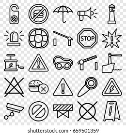 Warning icons set. set of 25 warning outline icons such as barrier, lighthouse, no fast food, siren, do not disturb, wet floor, no bleaching, no dry cleaning, welding glasses